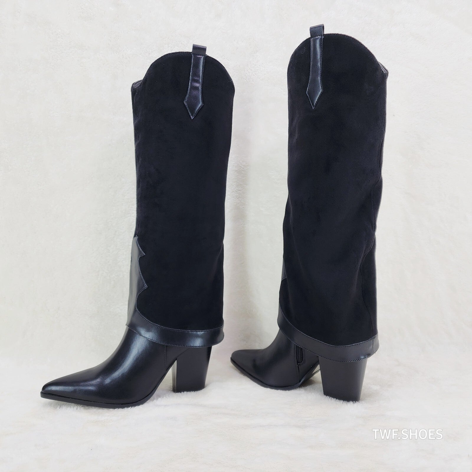 Branded Black Skirted Fold Over Western Knee High Cowgirl Boots