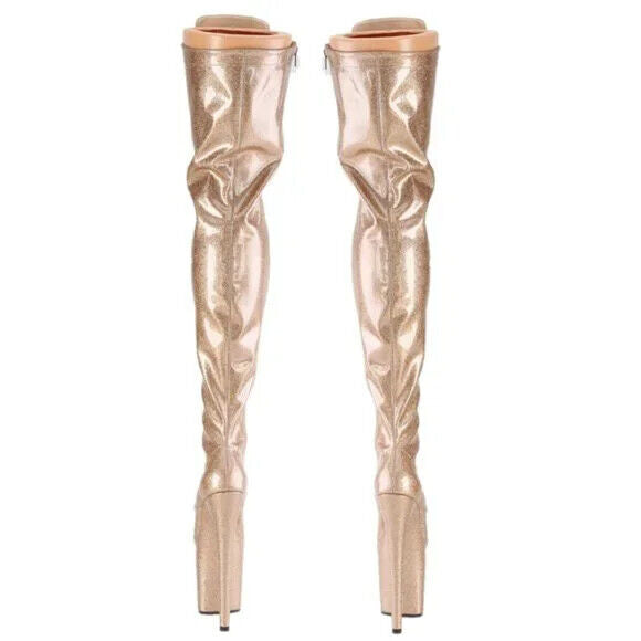3020 Gold Glitter Patent 3020 Lace Up Thigh High Platform Boots Flamingo 8" Heel - Totally Wicked Footwear