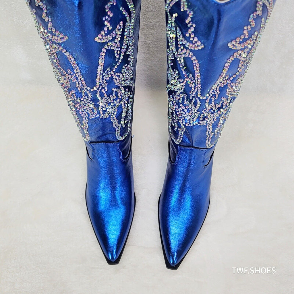 Razzle Metallic Blue Country Western Cowgirl Knee Boot Rhinestone Dazzle - Totally Wicked Footwear
