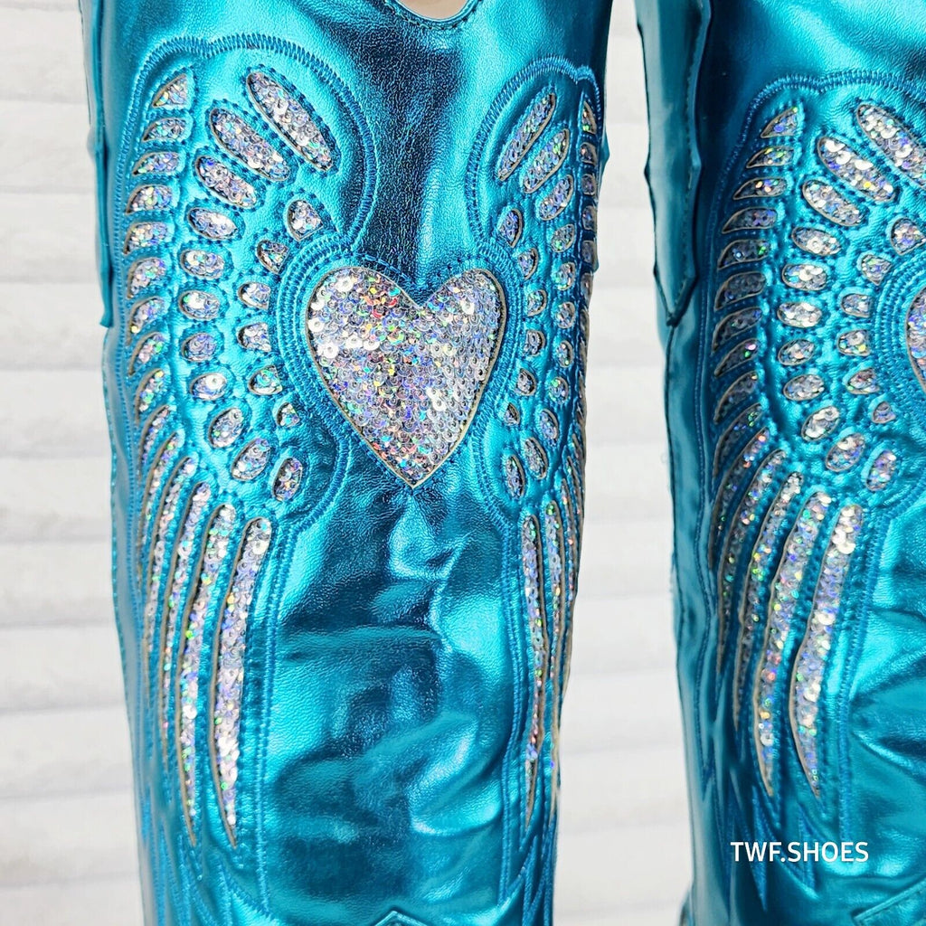 Teal Blue Metallic Love Wings Western Cowgirl Boots Azalea Wang Collection - Totally Wicked Footwear