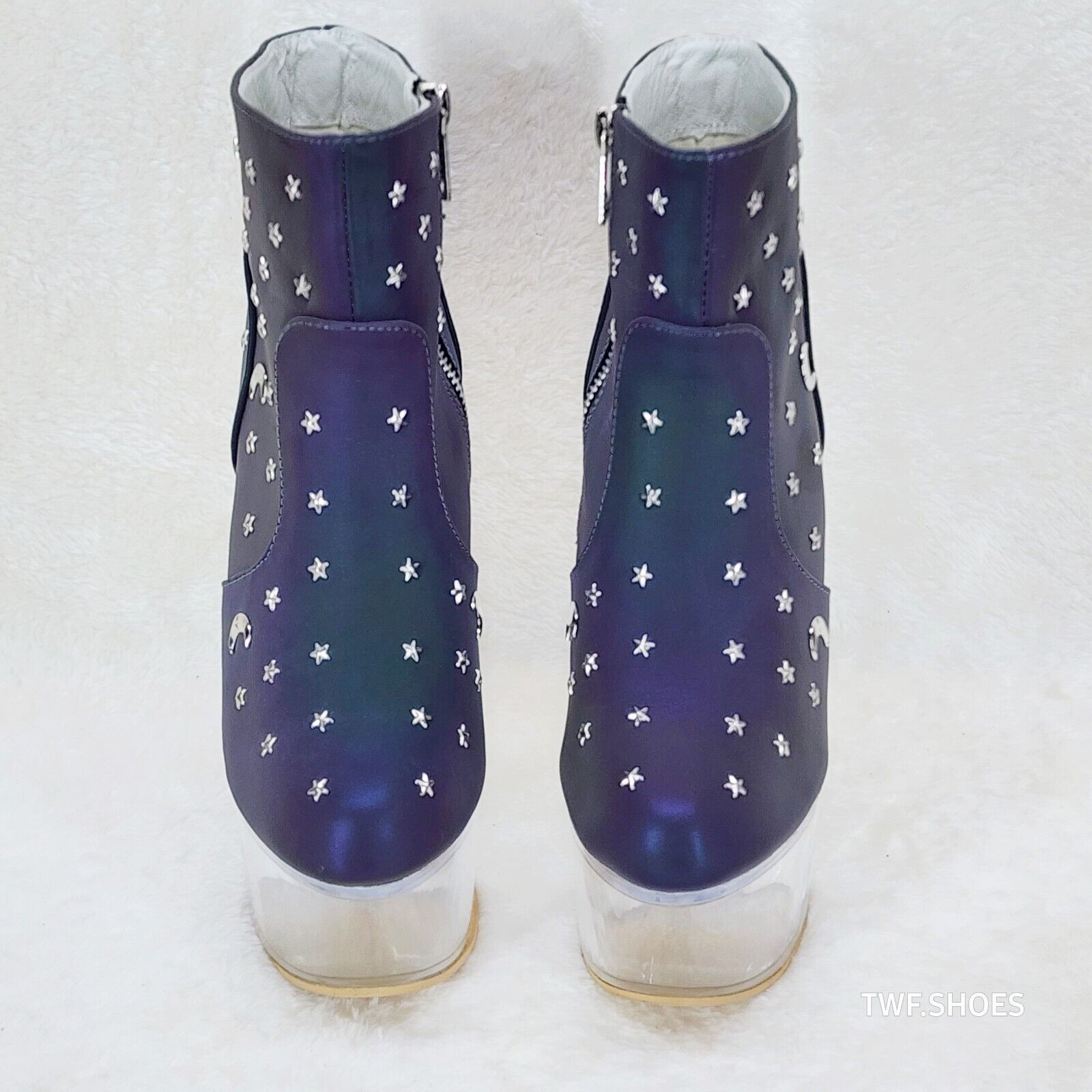 Ocho Purple Multi Reflective Ankle Boots Clear Platform & Chunky Heels Moon Star - Totally Wicked Footwear