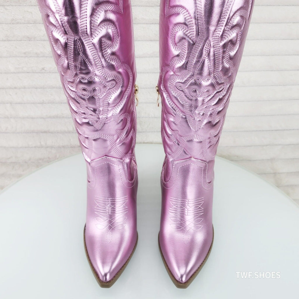 Electric Cowboy Metallic Matte Western Knee High Cowgirl Boots Baby Pink - Totally Wicked Footwear