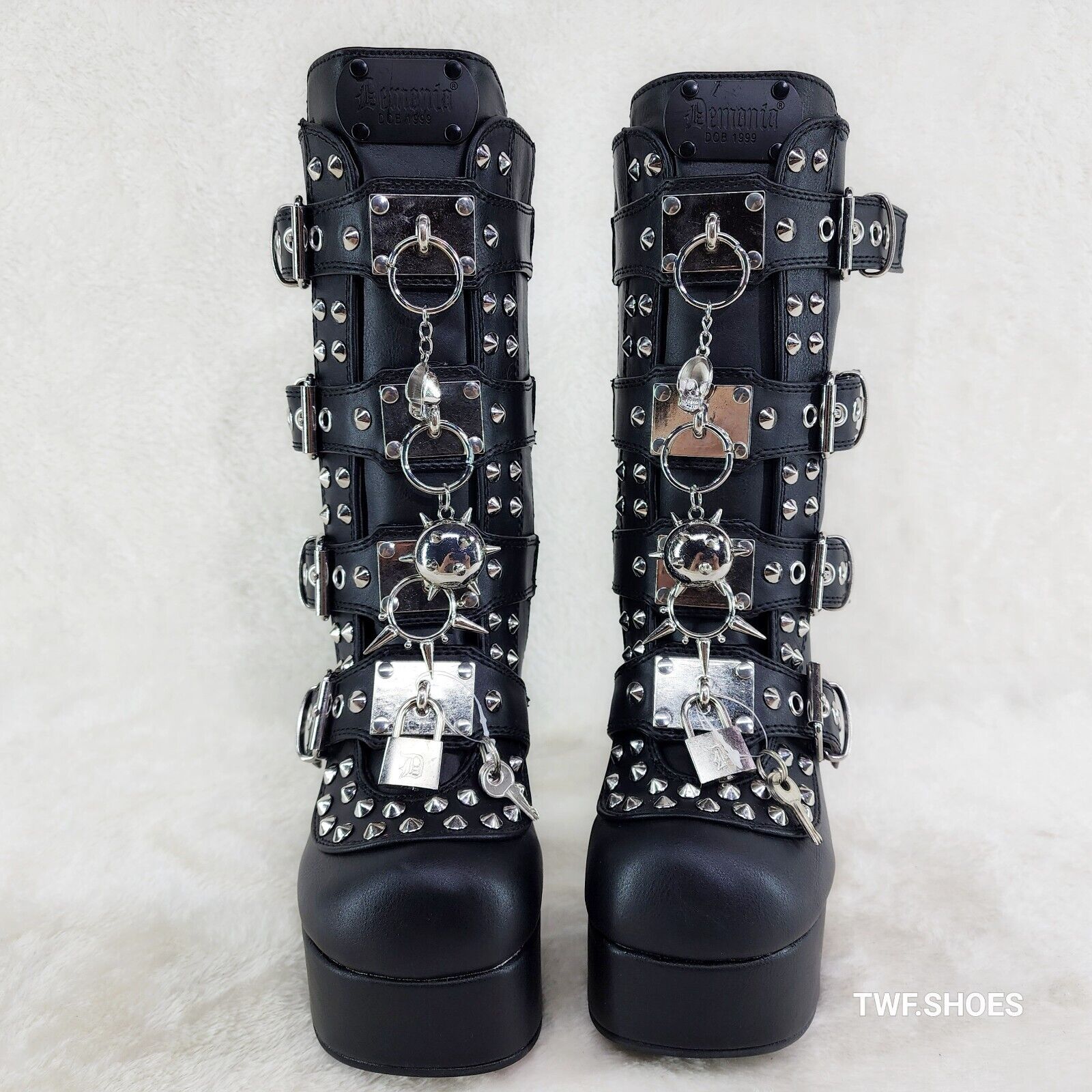 Charade 118 Mace Charms Platform Chunky Heel Goth Mid Calf Boot IN HOUSE DEMONIA - Totally Wicked Footwear