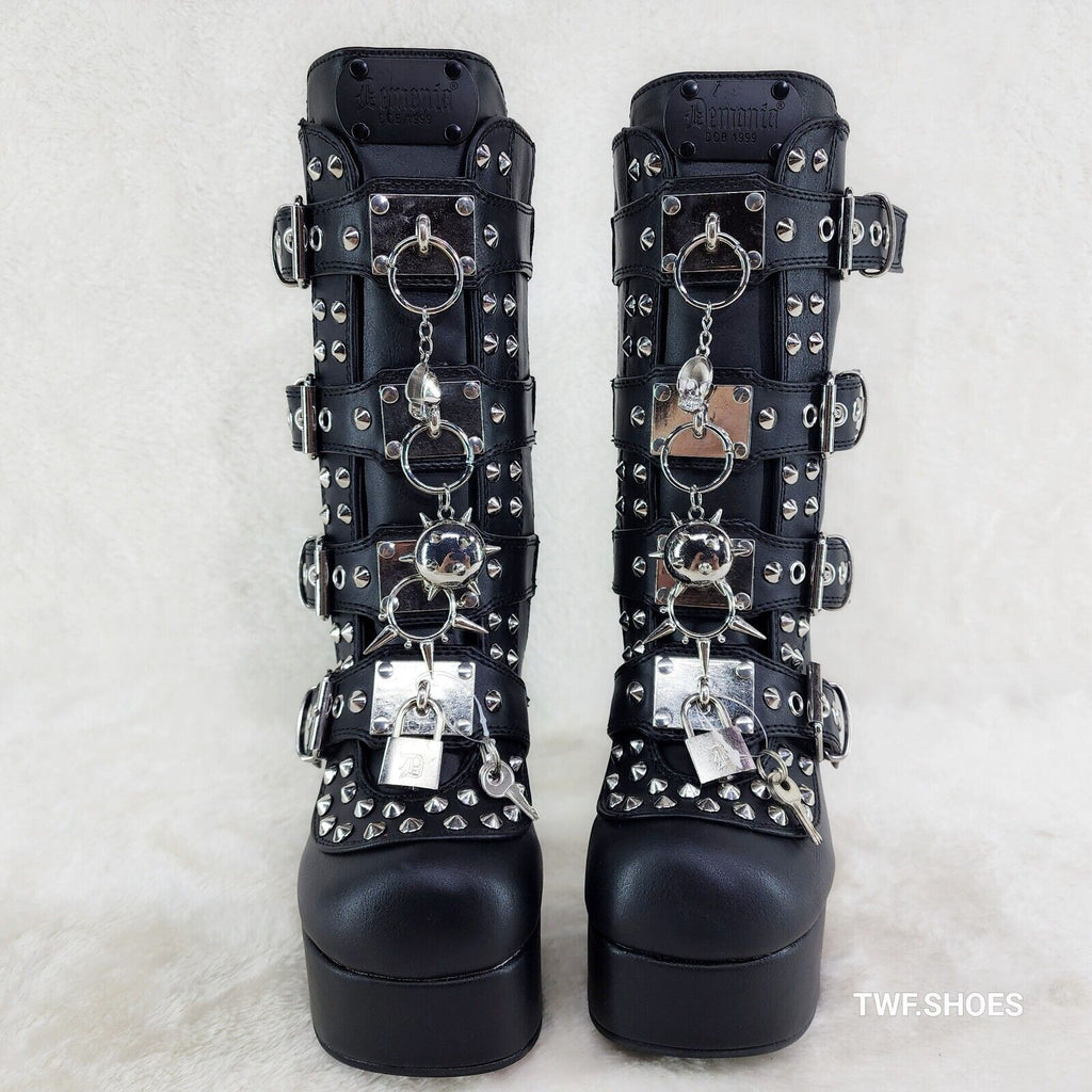 Charade 118 Mace Charms Platform Chunky Heel Goth Mid Calf Boot IN HOUSE DEMONIA