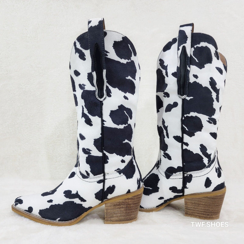 Western Rancher Faux Suede Black White Cow Print Cowboy Pull On Cowgirl Boots - Totally Wicked Footwear