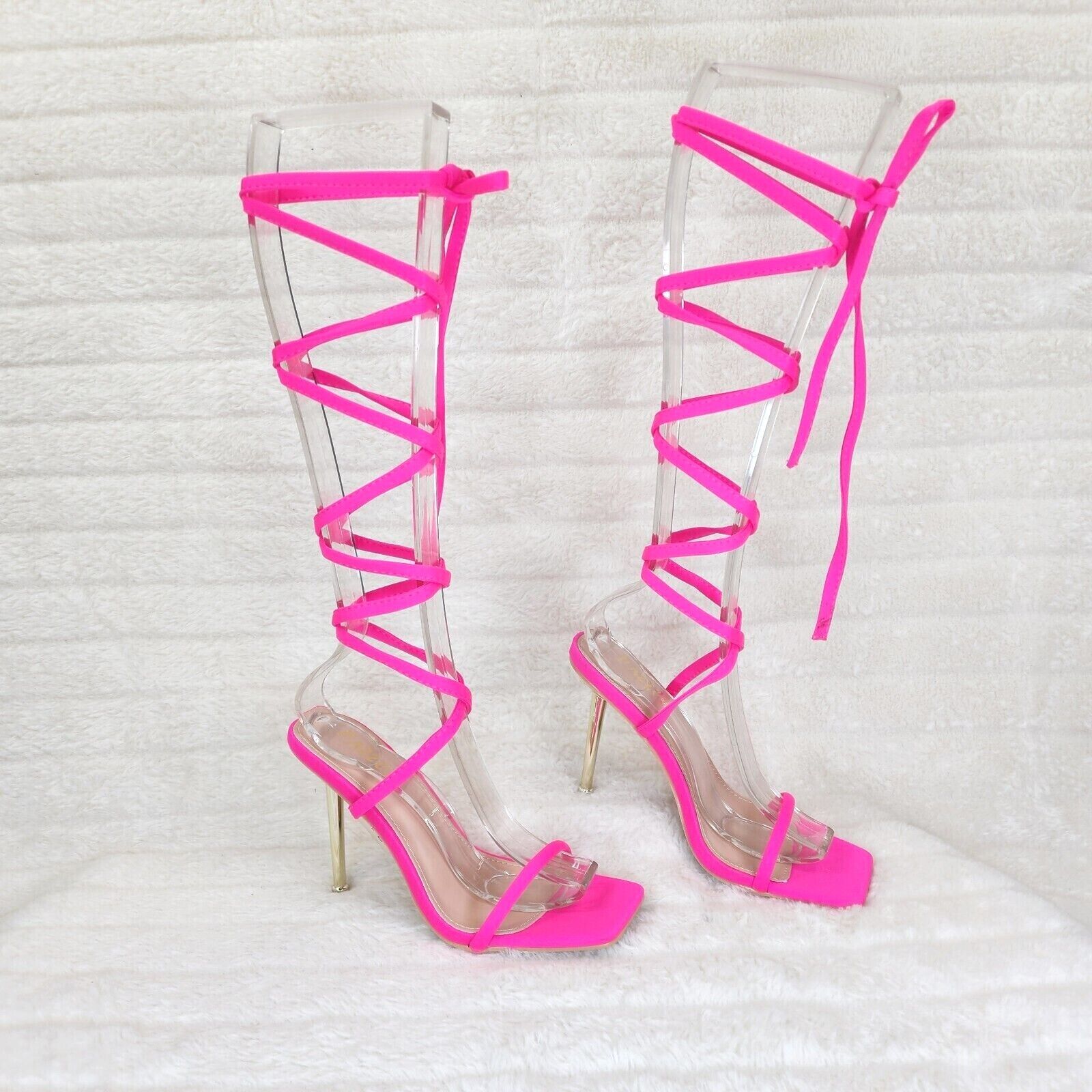 Chica Bright Neon Pink Sateen Long Lace Strappy Tie Up High Heel Sandal - Totally Wicked Footwear