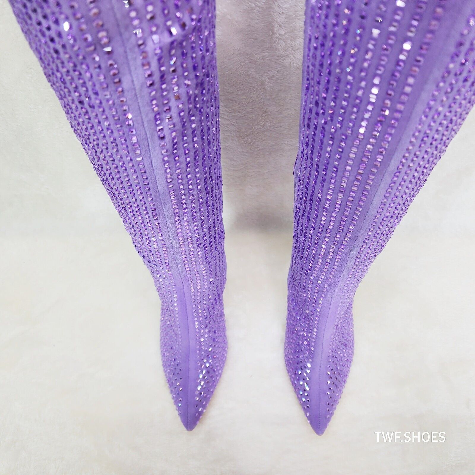 Glamour Shot Mirrored Rhinestone Tinted 4" Pyramid Heel Knee Boots Lilac Purple - Totally Wicked Footwear
