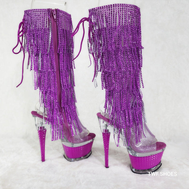 Illusion Fuchsia Pink Textured Platform Fringe High Heel Open Toe Knee Boots