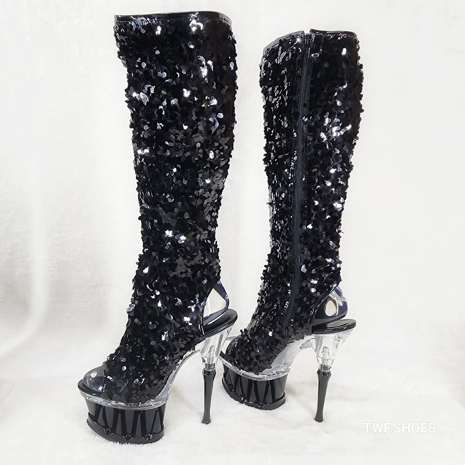 Pleaser Spiky Black Sequin Knee Boots Spiked Design Platform - Totally Wicked Footwear