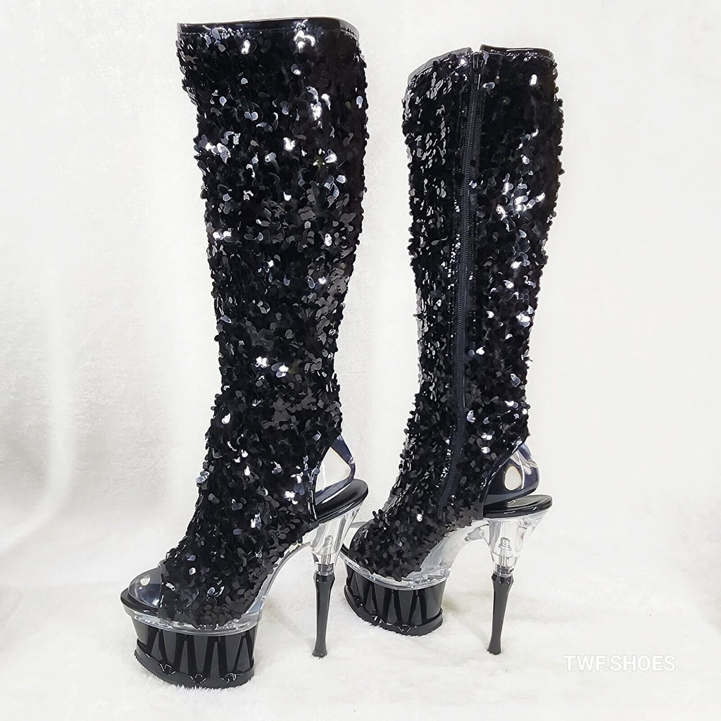 Pleaser Spiky Black Sequin Knee Boots Spiked Design Platform - Totally Wicked Footwear