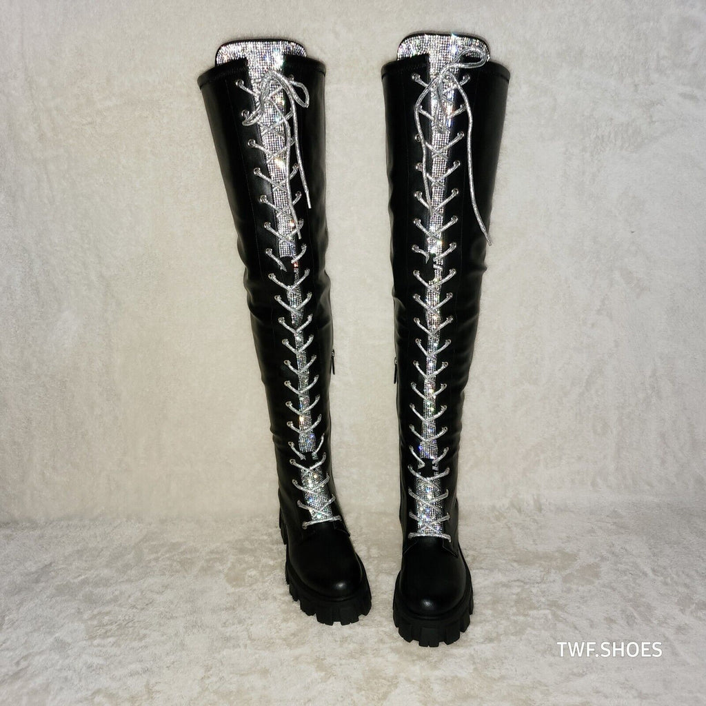 Roscoe Black Combat Thigh High Boots Iridescent Rhinestone Tongue Metallic Laces - Totally Wicked Footwear
