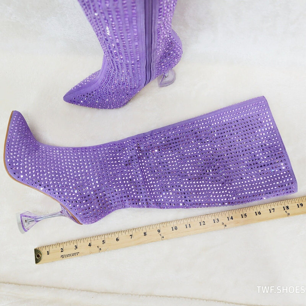 Glamour Shot Mirrored Rhinestone Tinted 4" Pyramid Heel Knee Boots Lilac Purple - Totally Wicked Footwear