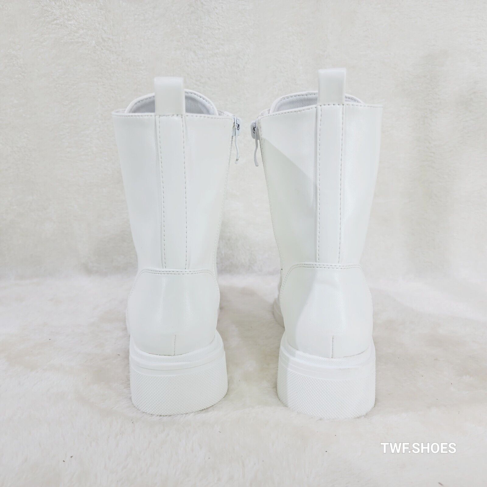 Rylee White Combat Ankle Boots Iridescent Rhinestone Tongue & Rope Laces - Totally Wicked Footwear