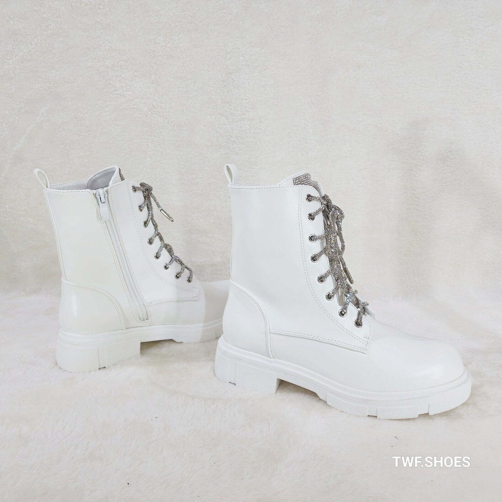 Rylee White Combat Ankle Boots Iridescent Rhinestone Tongue & Rope Laces - Totally Wicked Footwear