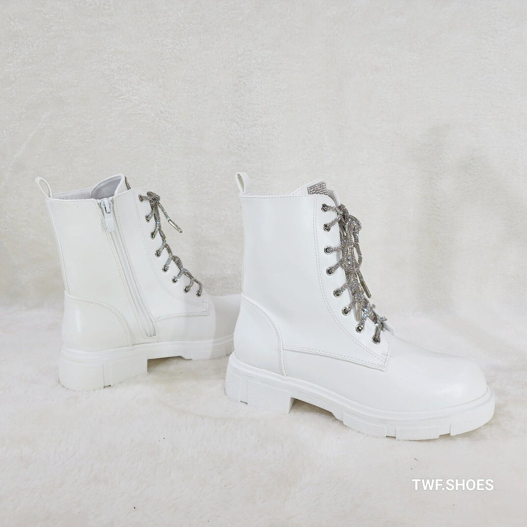 Rylee White Combat Ankle Boots Iridescent Rhinestone Tongue & Rope Laces - Totally Wicked Footwear