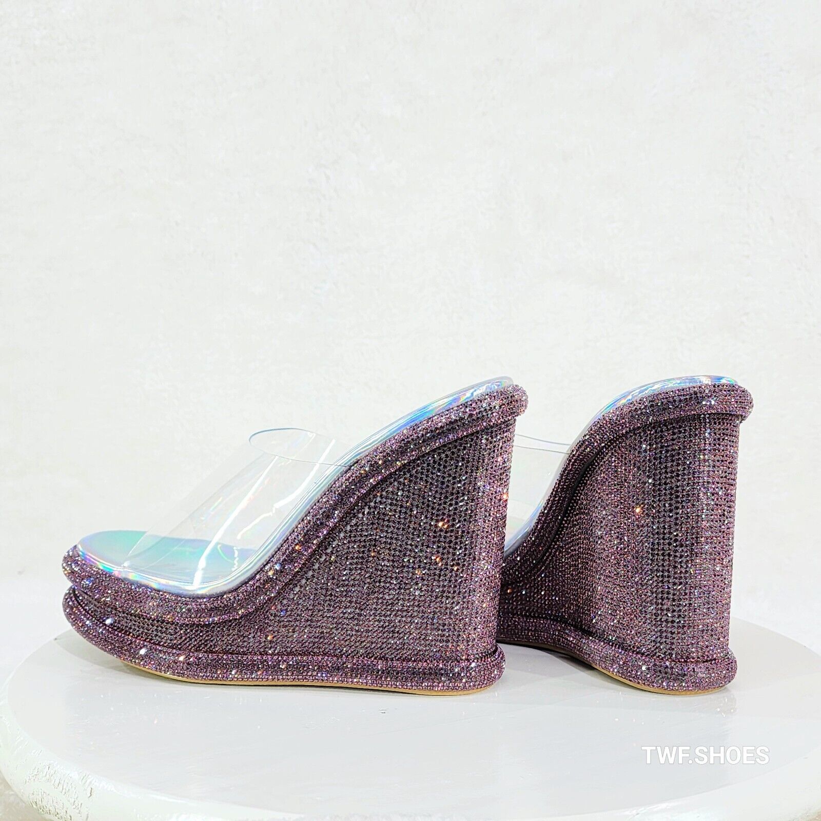 Zesty Purple Hologram Rhinestone Platform Wedge Heel Slip On Sandals - Totally Wicked Footwear