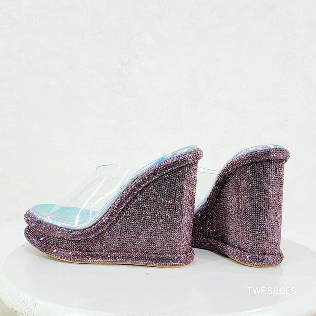 Zesty Purple Hologram Rhinestone Platform Wedge Heel Slip On Sandals