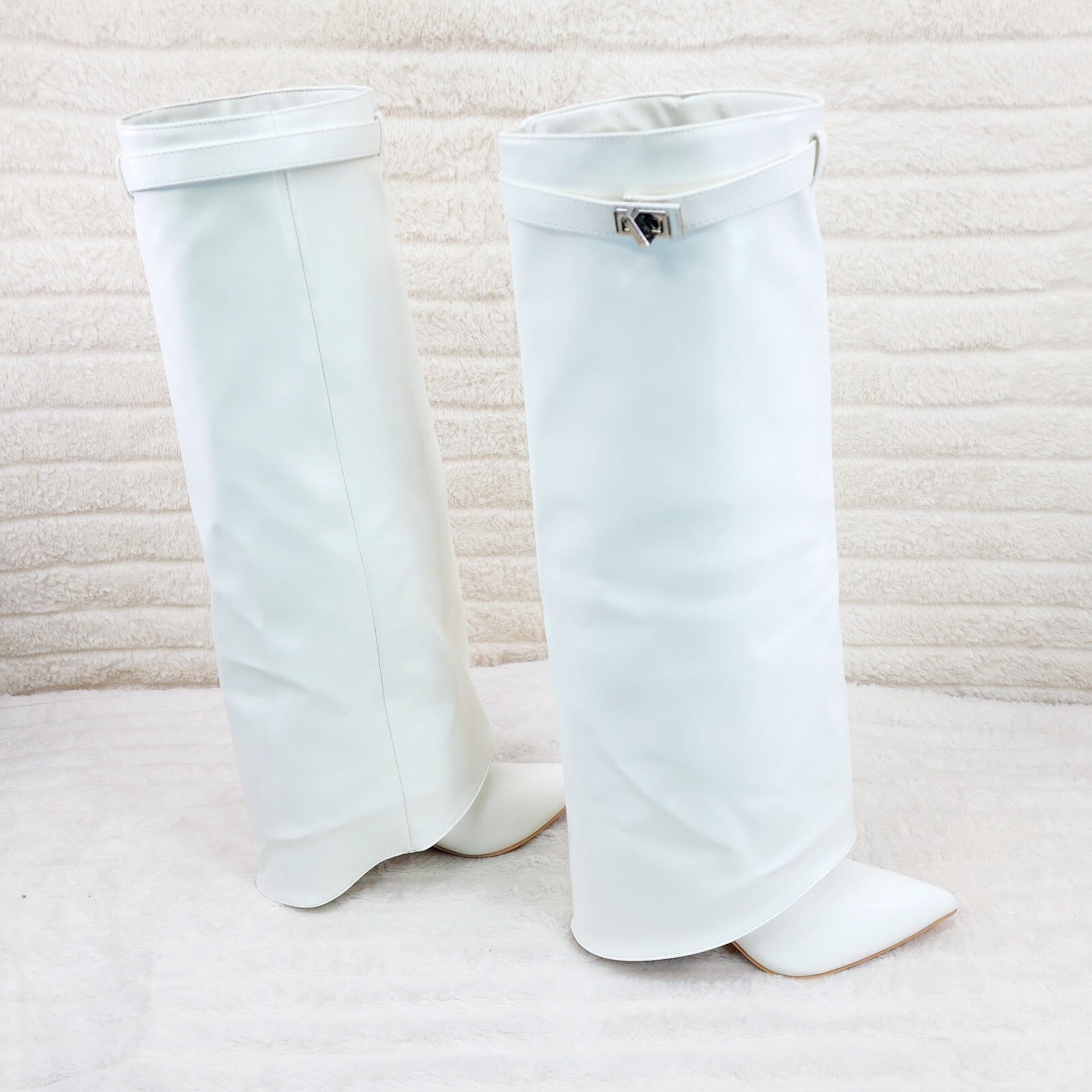 Paris White Skirted Fold Over 3.5" Block Heel Knee High Boots
