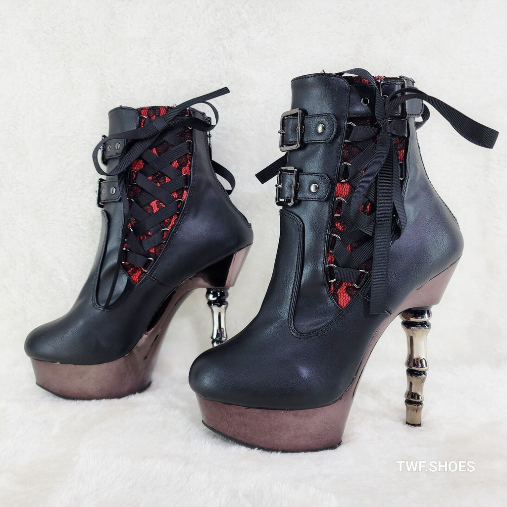 Muerto 1033 Red Lace Panel Finger Bone High Heel Platform Ankle Boots In House - Totally Wicked Footwear