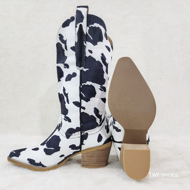 Western Rancher Faux Suede Black White Cow Print Cowboy Pull On Cowgirl Boots - Totally Wicked Footwear