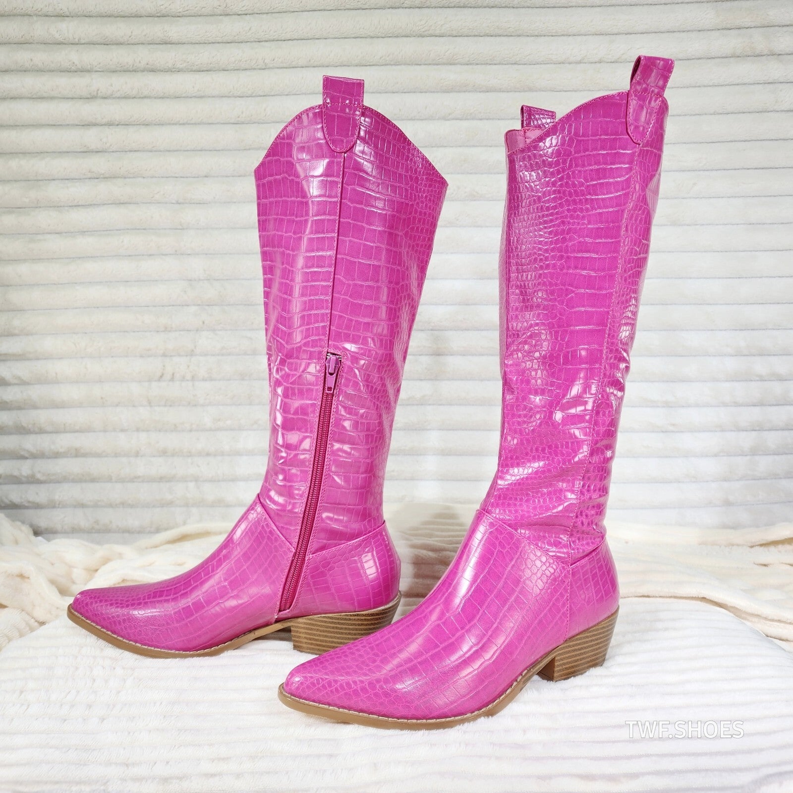 Sassy Fuchsia Hot Pink Snake Texture Western Knee High 2" Heel Cowgirl Boots