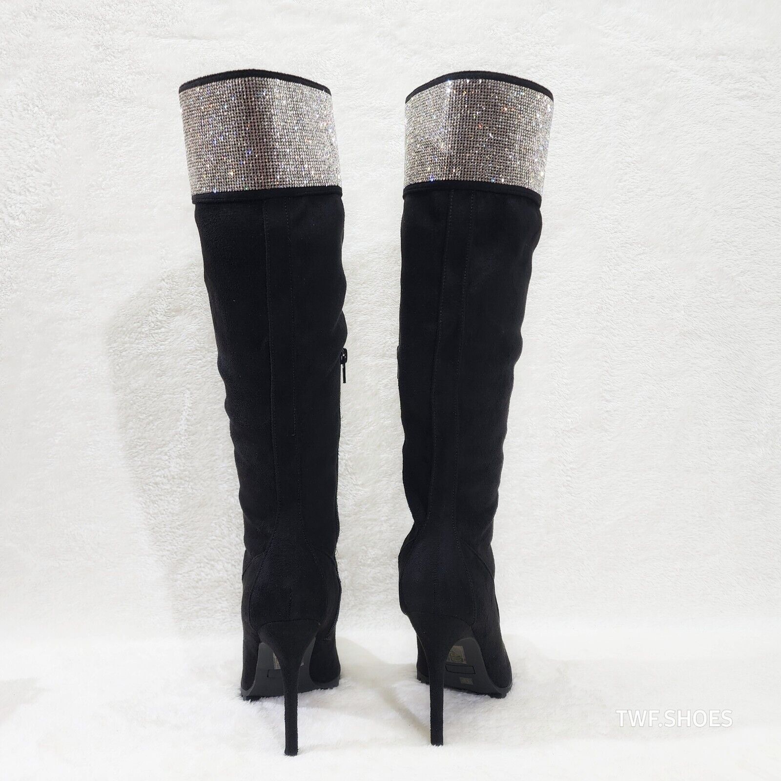 Queens FX Suede & Rhinestone Pointy Toe High Heels Stiletto Lace Up Knee Boots - Totally Wicked Footwear