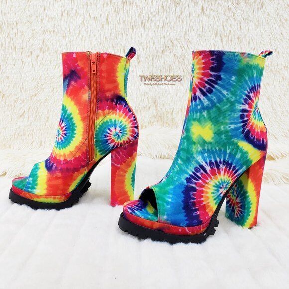 Trippin Colorful Tie Dye Open Toe Chunky Platform Heel Ankle Boots - Totally Wicked Footwear