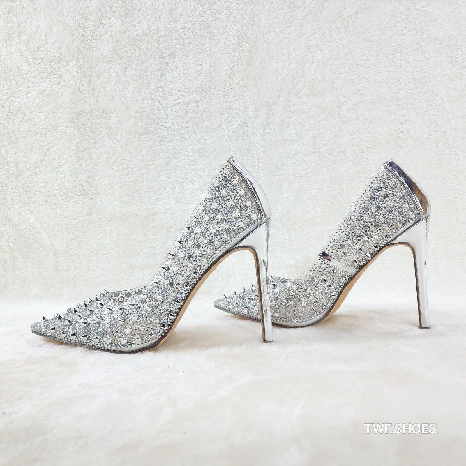 Spicy Stiletto PVC Clear Pumps Silver Studs & Rhinestone Pumps Stiletto Heels - Totally Wicked Footwear