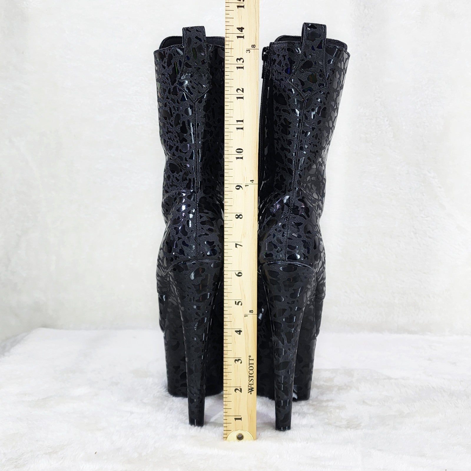 Adore 1040 Black Leopard Hologram 7" High Heel Platform Mid Calf Ankle Boots