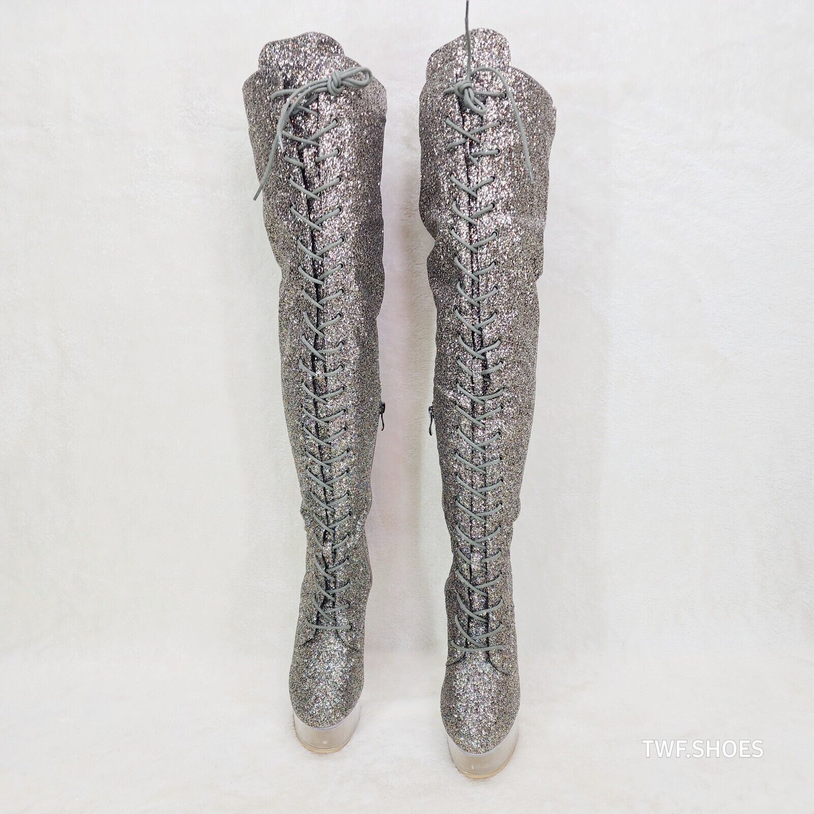 Bulls Silver Glitter Over the Knee Clear Platform High Heel Thigh Boot - Totally Wicked Footwear