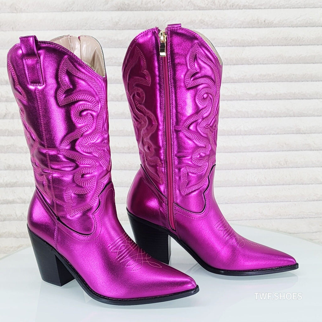 Electric Mid Calf Cowboy Metallic Matte Western Cowgirl Boots Hot Fuchsia Pink - Totally Wicked Footwear