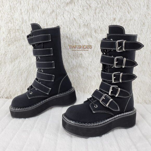 Emily 341 Black Canvas 2" Platform Mid Calf Combat Boots NY DEMONIA - Totally Wicked Footwear