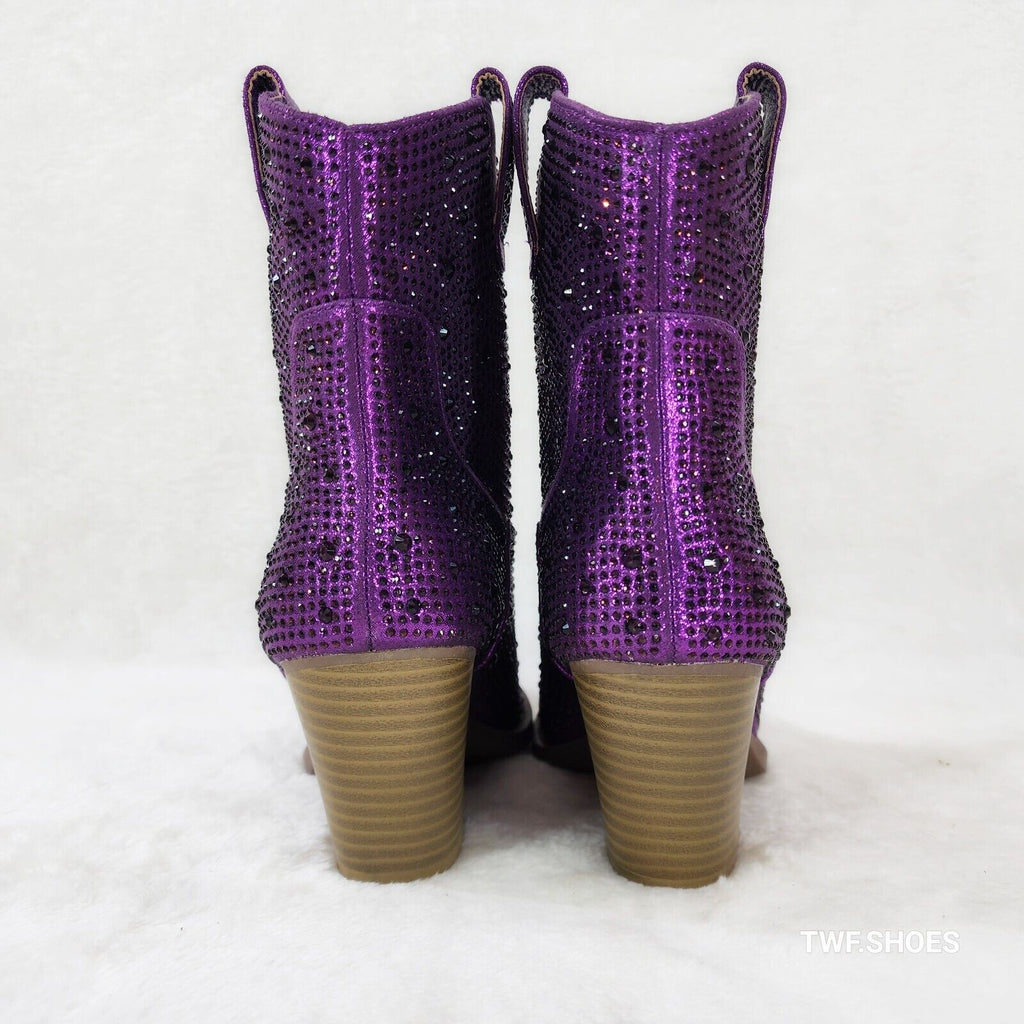 Dolly Purple Rhinestone Disco Glitter Cowgirl Country Glam Western Ankle Boots - Totally Wicked Footwear