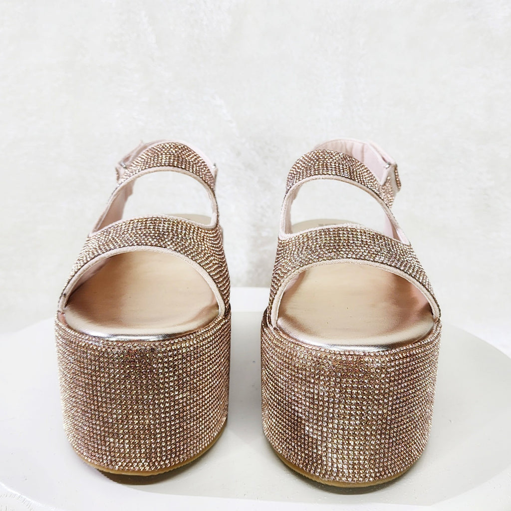 Oh Yeah Rose Gold 3" Platform Sparkling Rhinestone Flatform Slingback Sandals - Totally Wicked Footwear