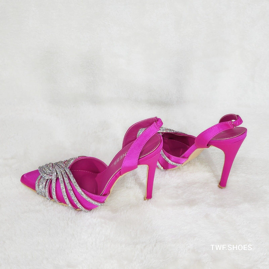 Elegance Slip on Slingback Fuchsia Satin Rhinestone Pointy Toe High Heels Shoes