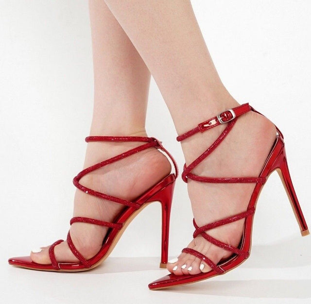 Party Town Red Metallic Strappy Rhinestone Pointy Toe High Heels