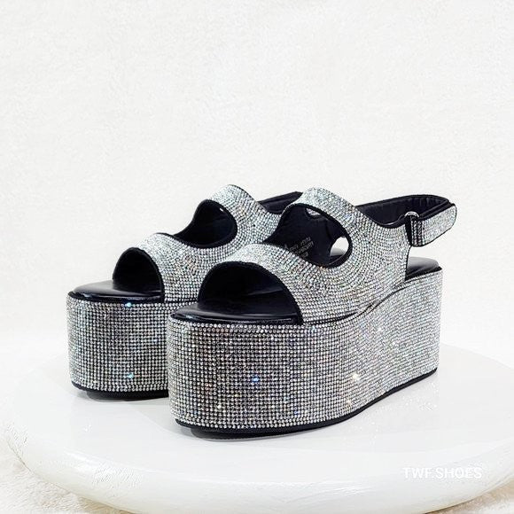 Oh Yeah Black 3" Platform Sparkling Iridescent Rhinestone Flatform Sandals - Totally Wicked Footwear