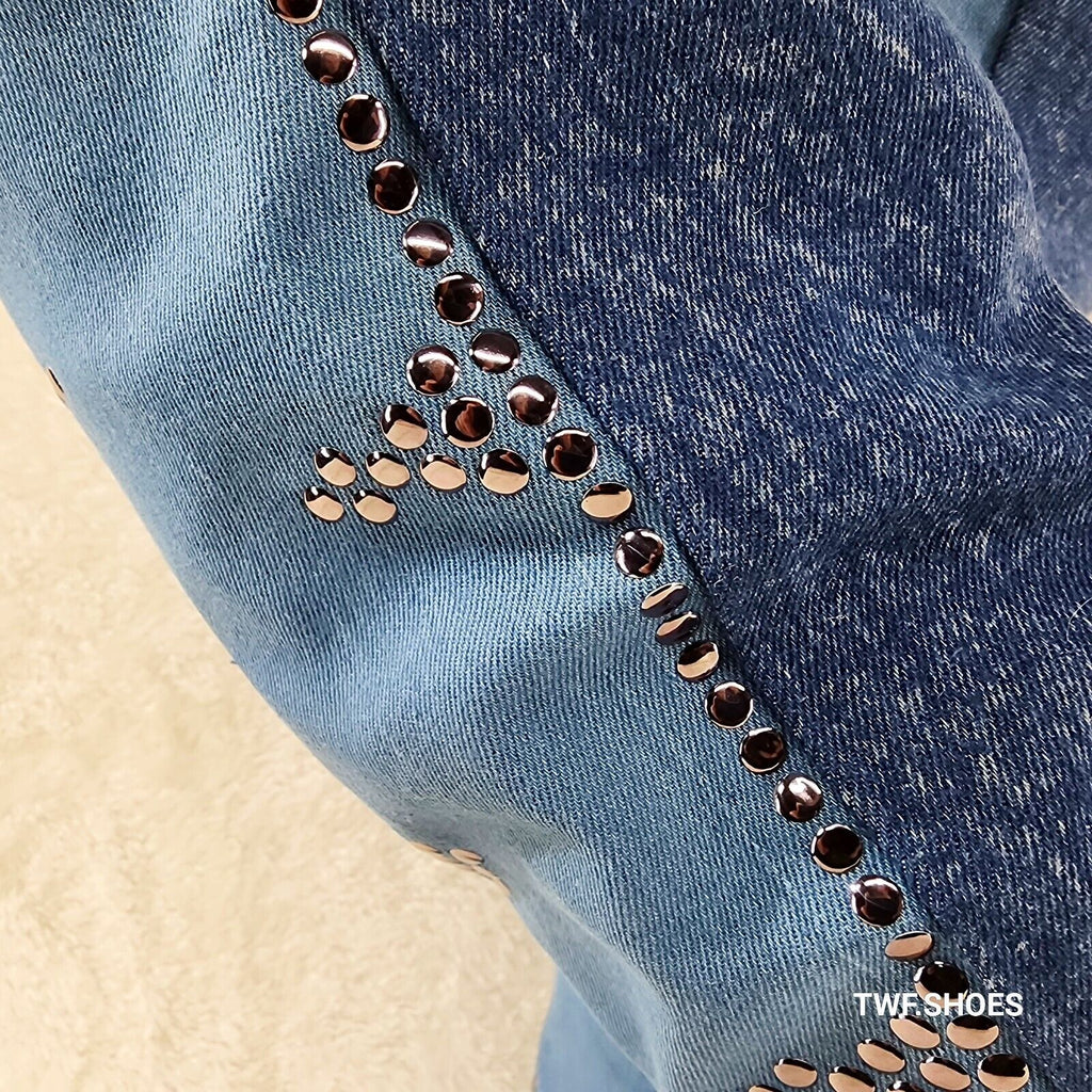 Western Flare Denim Boots Cone Heels Button Studs OTK Pull On Thigh High Boot