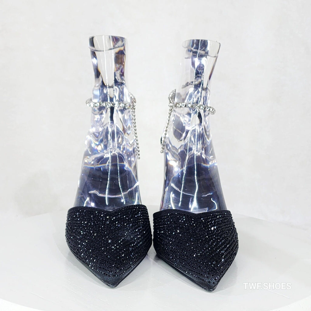 Simply Sexy Slip on Ankle Bracelet Black Rhinestone Pointy Toe High Heels Shoes