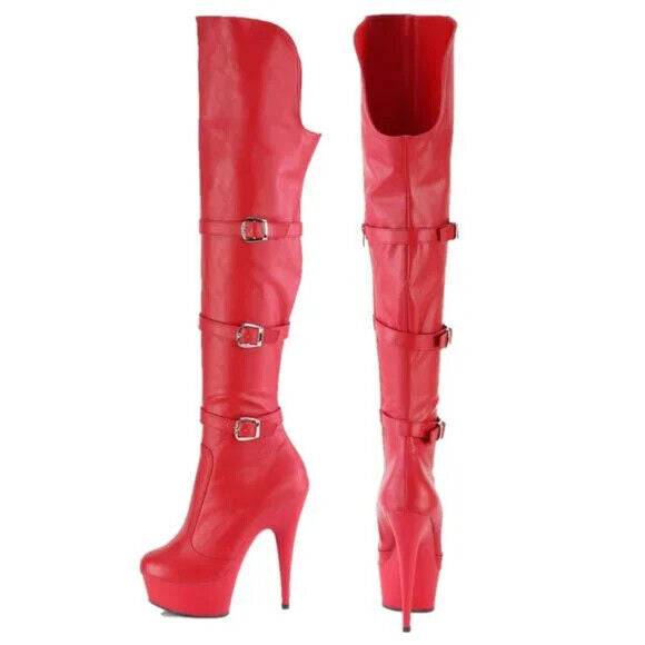 Delight 3018 Red Vegan Leather OTK Over the Knee Platform Thigh Boots - Totally Wicked Footwear