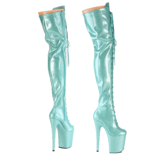 3020 Aqua Glitter Patent 3020 Lace Up Thigh High Platform Boots Flamingo 8" Heel - Totally Wicked Footwear