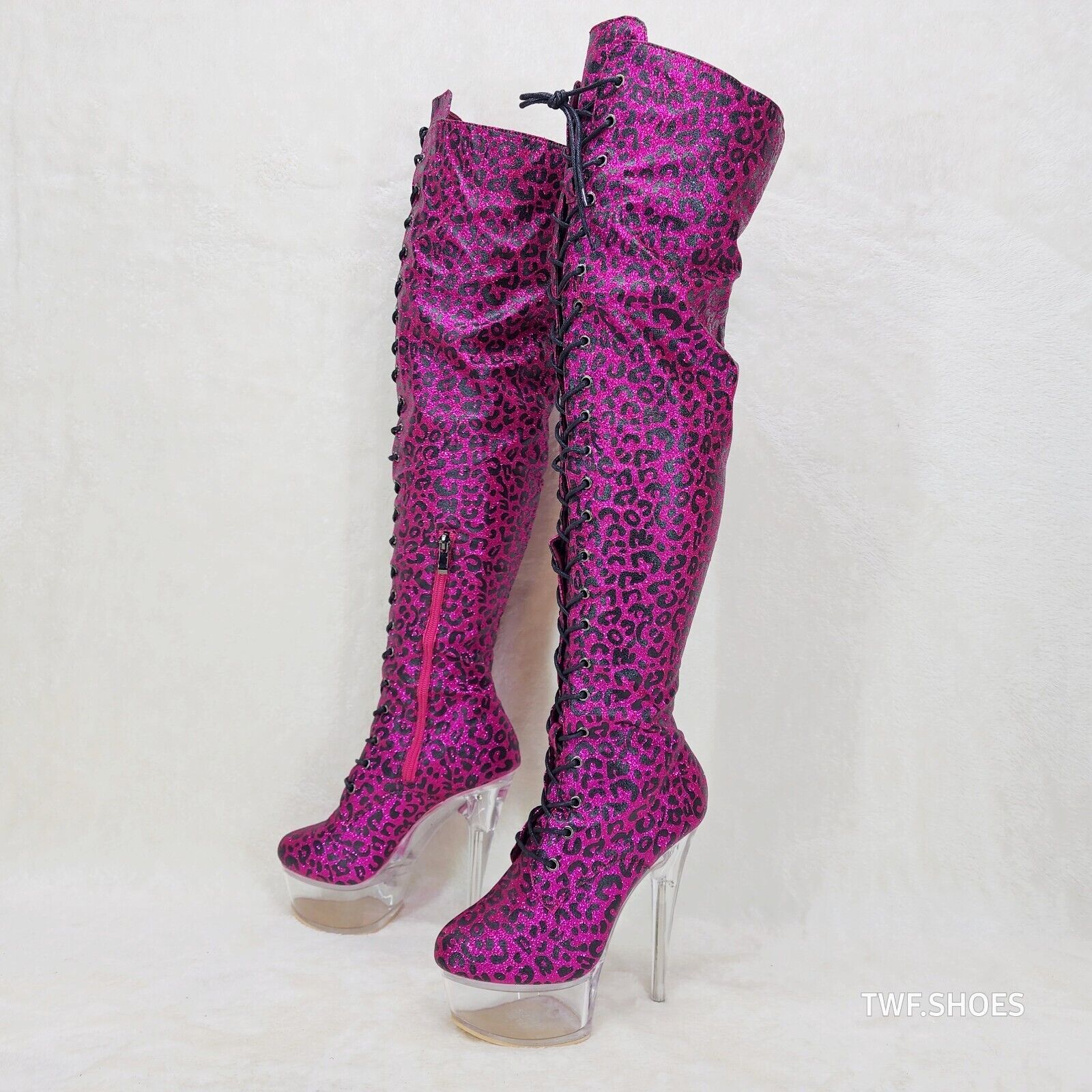 Bulls Hot Pink Leopard Glitter Over the Knee Clear Platform High Heel Thigh Boot - Totally Wicked Footwear