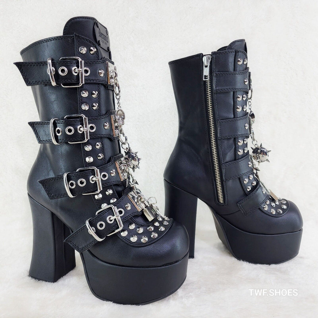 Charade 118 Mace Charms Platform Chunky Heel Goth Mid Calf Boot IN HOUSE DEMONIA