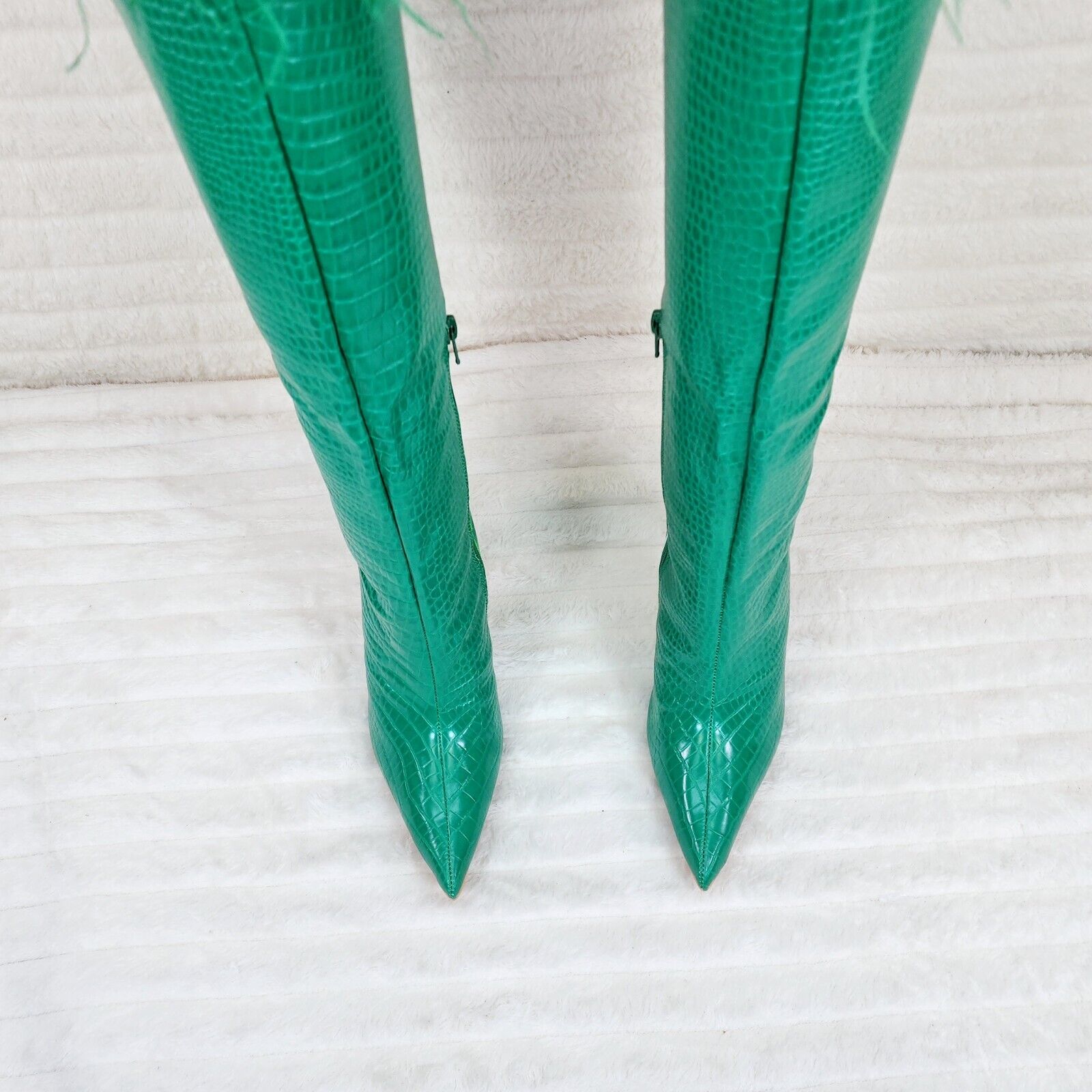 Flirty Green Snake Texture Knee High Heel Stiletto Boots Sexy Feather Top - Totally Wicked Footwear