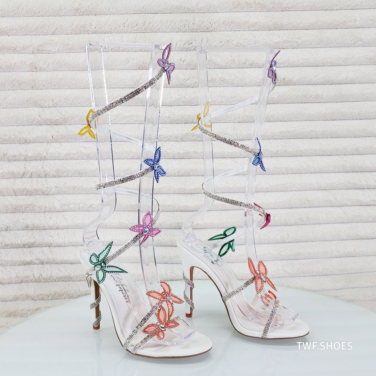 Fly Girl White Upper & Rhinestones Multi Color Butterfly Wrap Strap High Heels - Totally Wicked Footwear