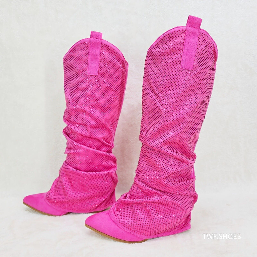 Country Twist Fuchsia Draped Rhinestone Fold Over Western Cowgirl Boots - Totally Wicked Footwear