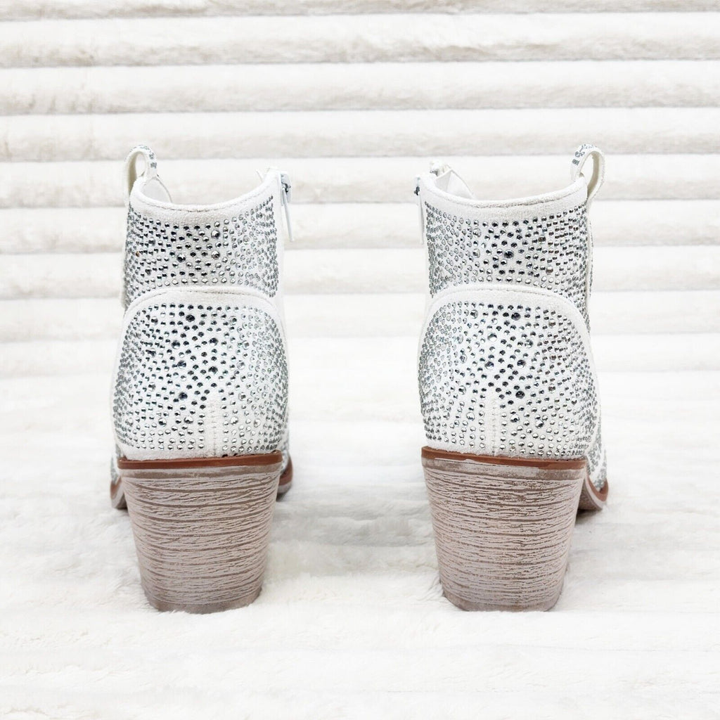 Wild Ones White Glamour Cowboy Rhinestone Cowgirl Ankle Booties Boots - Totally Wicked Footwear