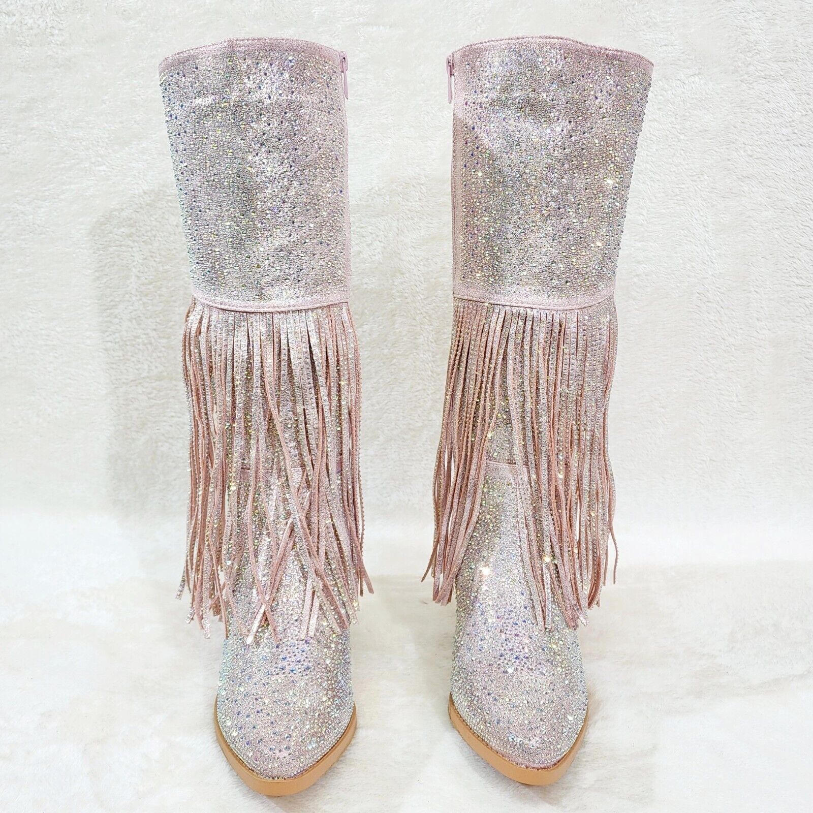 Western Diva Baby Pink Asymmetrical Fringe Rhinestone Glam Cowgirl Boots - Totally Wicked Footwear