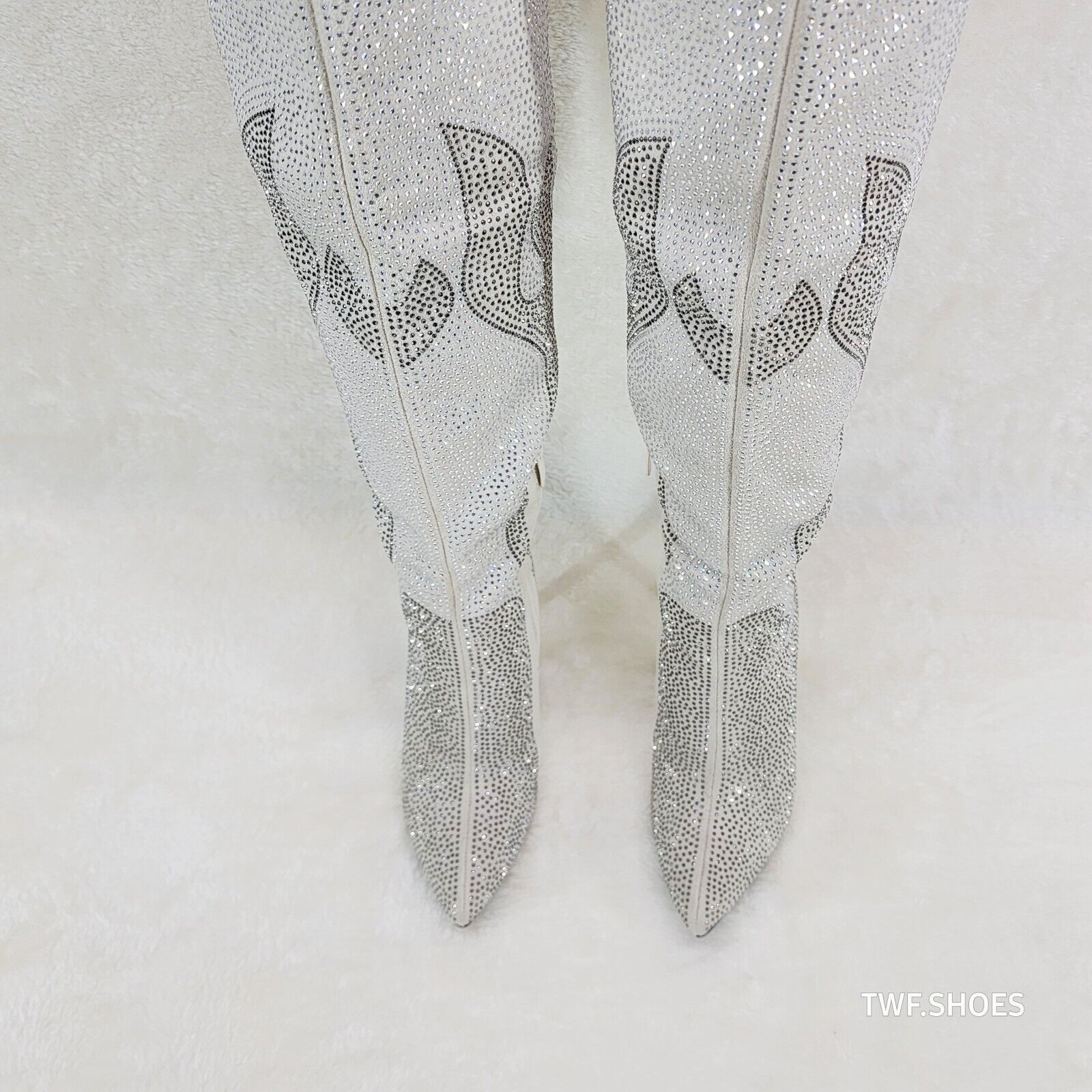 Fiery Desire Cream Ivory & Silver Rhinestone Flame Detail Sexy OTK Thigh Boots - Totally Wicked Footwear