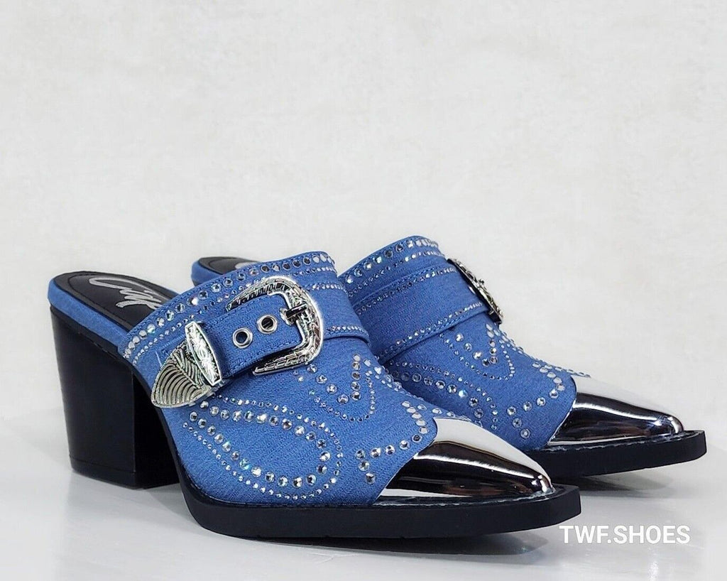 Vive Western Slip On Mules Blue Denim Rhinestones Metal Toe Guard Design - Totally Wicked Footwear